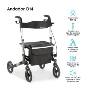 Andador de Alumínio Compacto 4 Rodas até 135 Kg D14 Dellamed