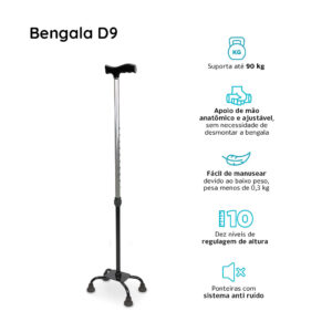 Bengala 4 Pontas com Regulagem de Altura até 90 Kg D9 Dellamed
